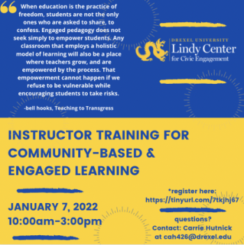 Instructor Training for Community-Based and Engaged Learning, January 7, 2022, 10am to 3pm. 